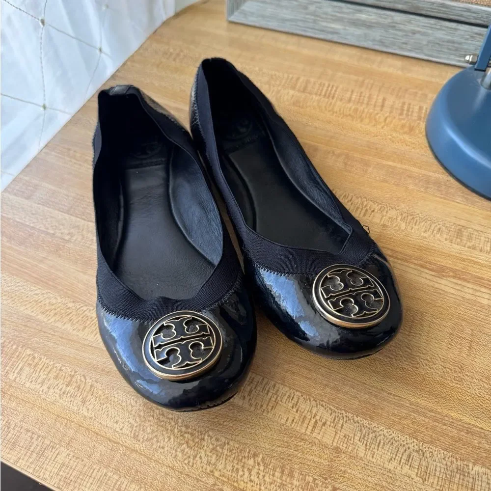 Tory Burch Black Leather Flats with Gold Medallion